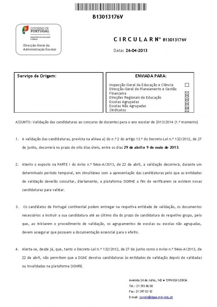 Oficio Circular B13013176V - Valida&ccedil;&atilde;o das candidaturas do Concurso Nacional 2013_P&aacute;gina_1