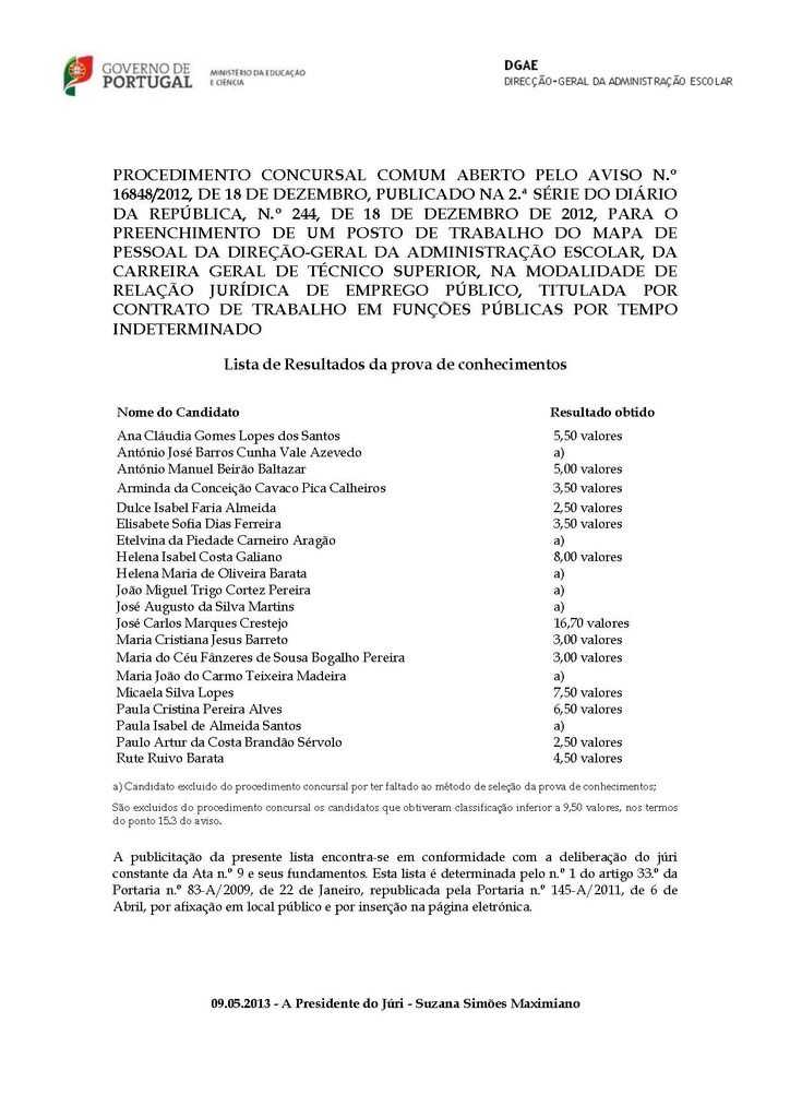0Prova de Conhecimentos referente ao  procedimento concursal comum aberto pelo Aviso n.&ordm; 16848_2012, de 18 de dezembro