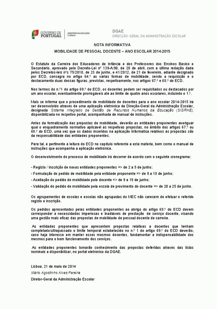 Nota Informativa - Mobilidade de Pessoal Docente &ndash; ano escolar 2014-2015