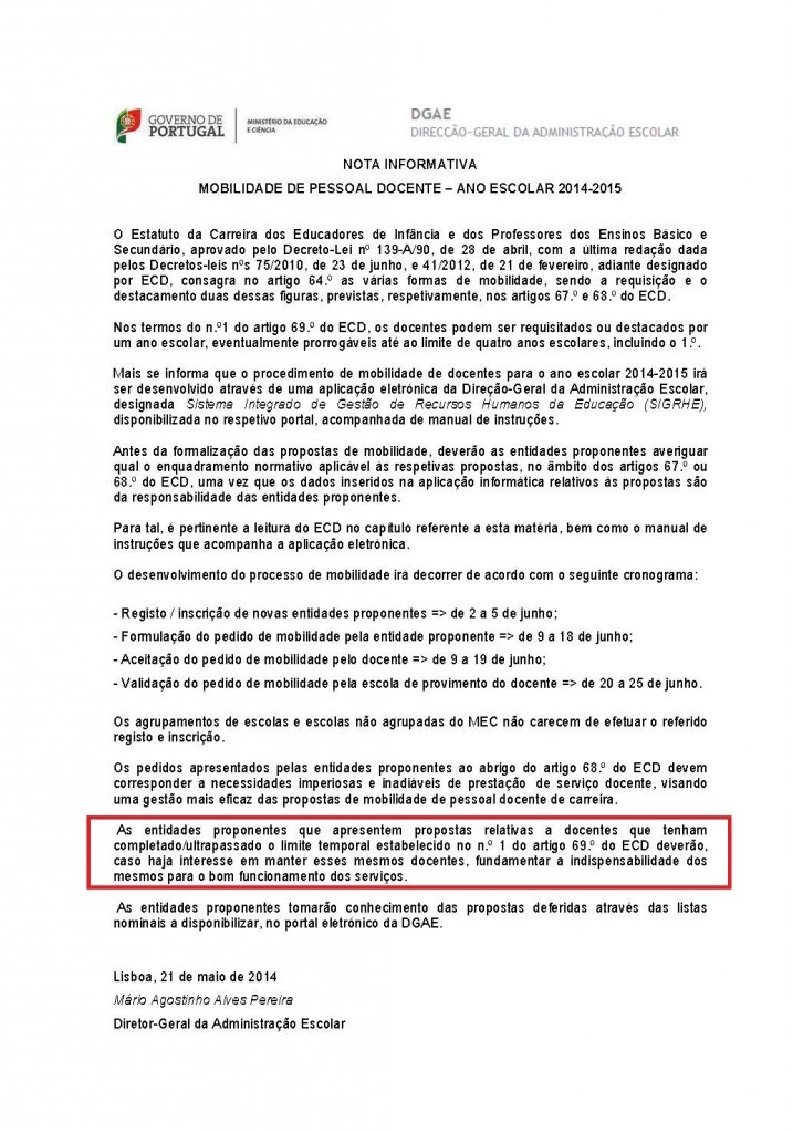 Nota Informativa - Mobilidade de Pessoal Docente &ndash; ano escolar 2014-2015