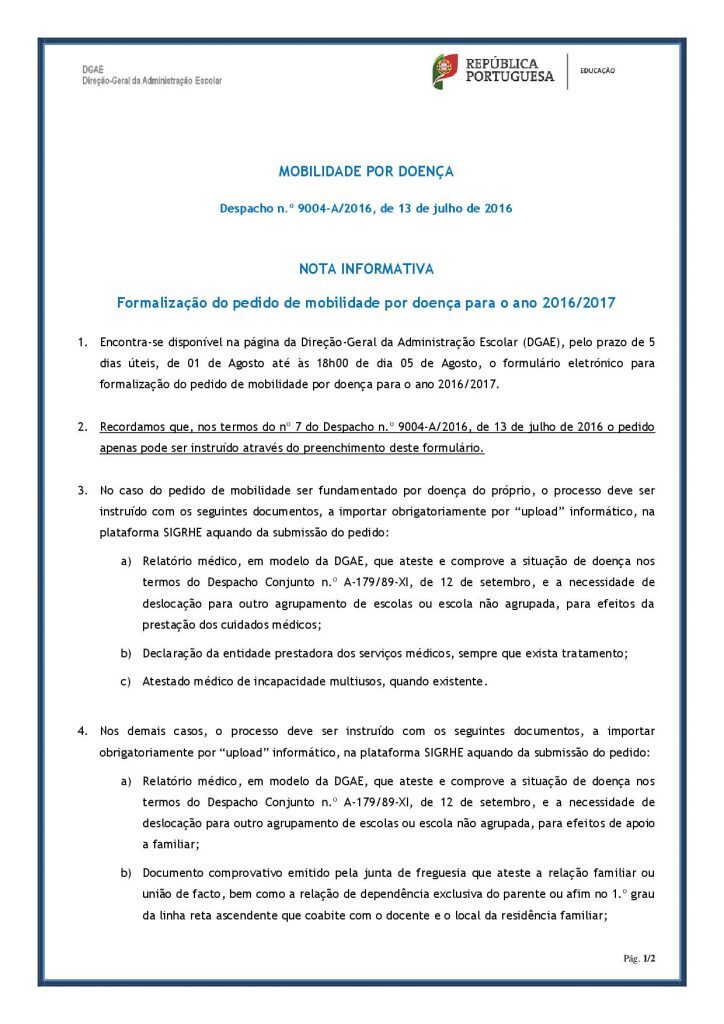 Nota Informativa &ndash; Pedido de Mobilidade por Doen&ccedil;a 2016-2017-001